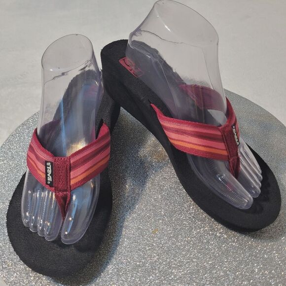 Teva Shoes - Teva Mush Mandalyn Wedge Thong Sandals Black Red Pink Striped 1000093B Size 9
